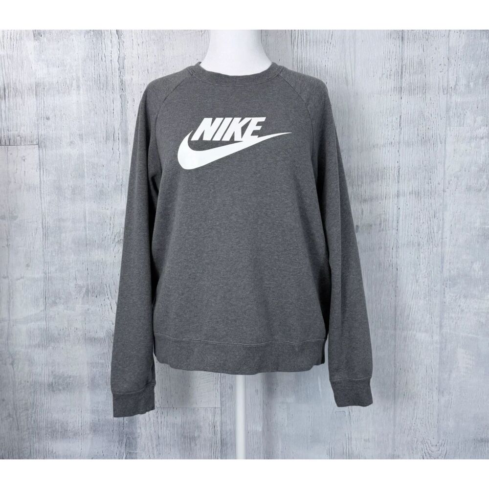 Nike Sweatshirt Women's L Gray Fleece Crewneck White Logo Pullover Swoosh